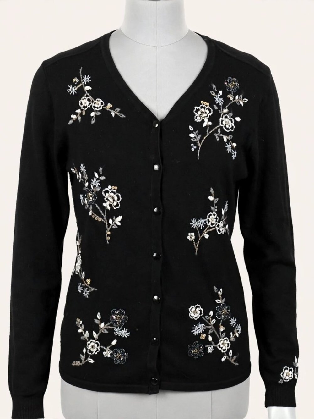 Alfred Dunner Black Floral Cardigan Medium